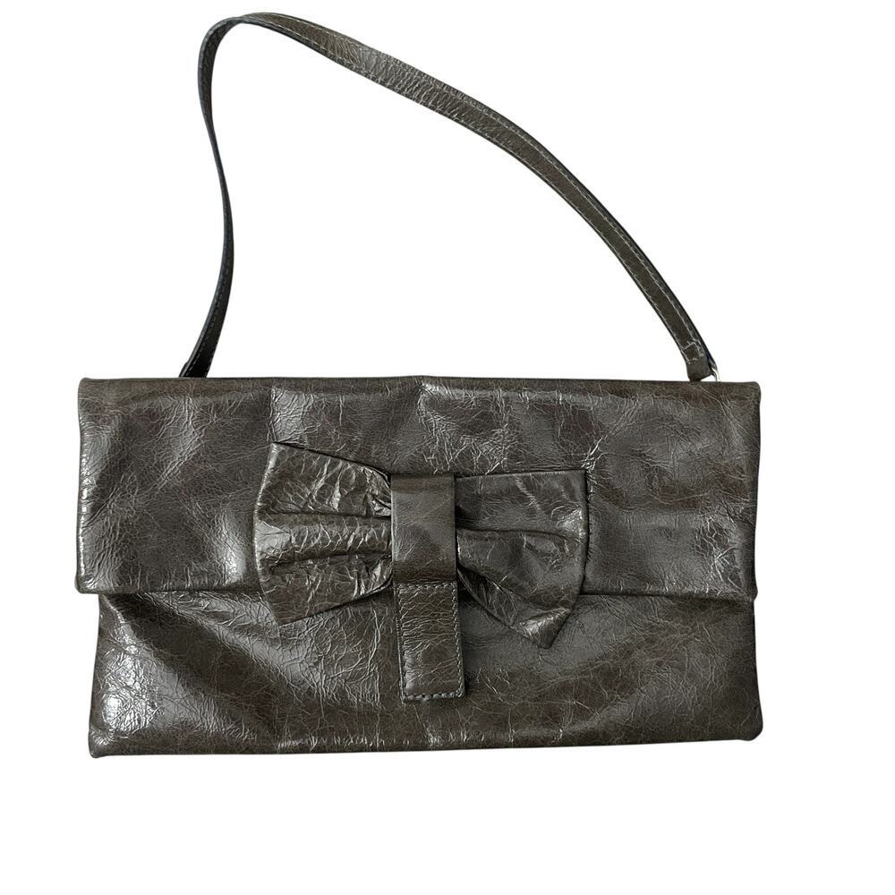 Gianni Chiarini Clutch Purse Brown Leather Bow Strap Snap Wristlet Bag Glossy